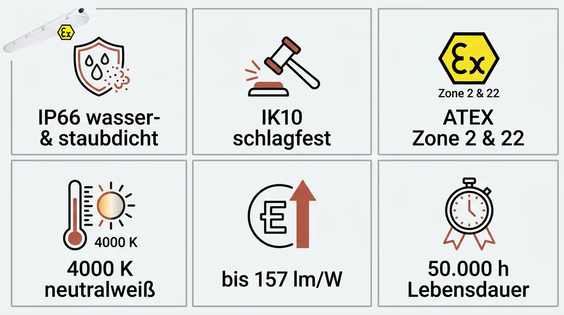 realLED EXaqua auf einen Blick: IP66, IK10, ATEX Zone 2 & 22, 4000 K, bis 157 lm/W, 50.000 h